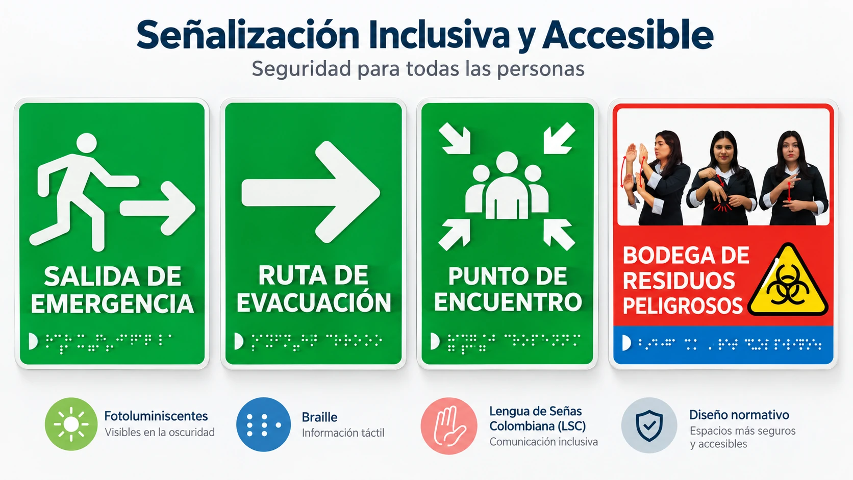 Señalética accesible para evacuación, emergencias y avisos